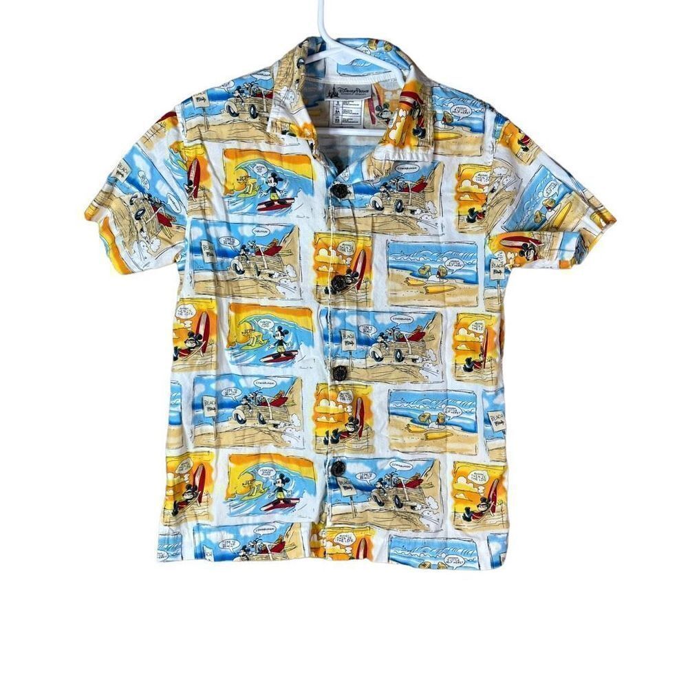 Disney Parks Boys Button Down Mickey Mouse Comic Beach Print Shirt
